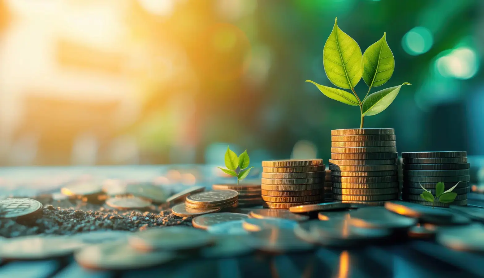 monedas con plantas simbolizando crecimiento financiero